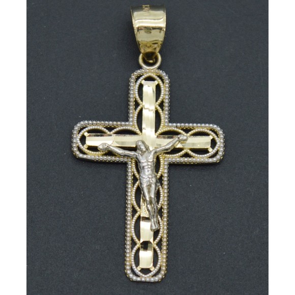 Real Solid 10K Yellow Gold Jesus Cross Oval Diamond Cut Pendant 2.0gr - Picture 1 of 6